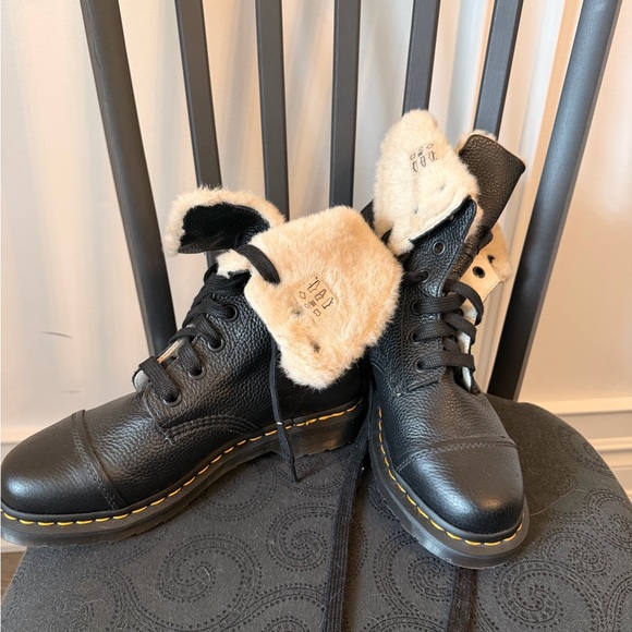 Dr. Martens Shoes - Dr. Martens Black Leather Combat Boots with Cream Fur Collar